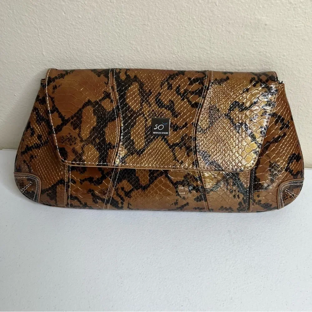 Maurizio Spagni Metallic Copper Reptile Trapezoid Chain Shoulder Bag Clutch